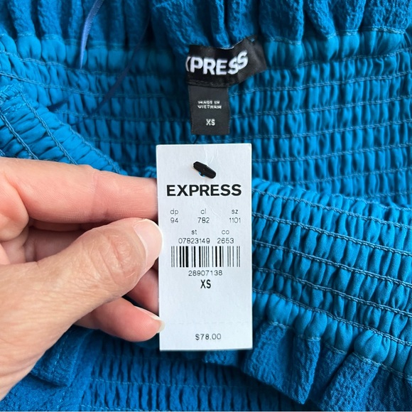 NWT Express Smocked Ruffle Off The Shoulder Dress- Size XS, Blue/Teal - Picture 10 of 11